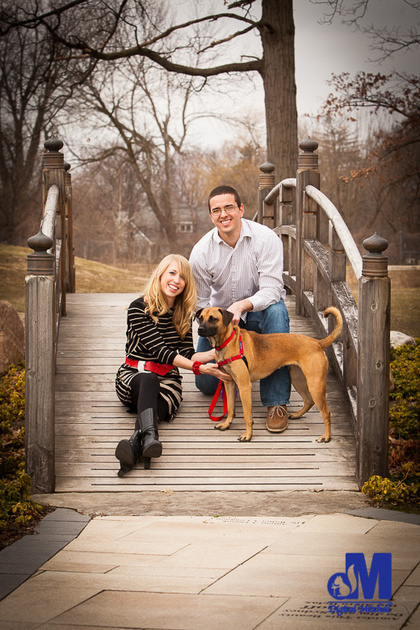 Photograph of engagement couple with dog