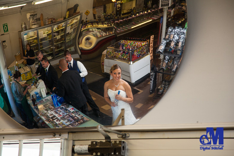 bride and groom at liquor store